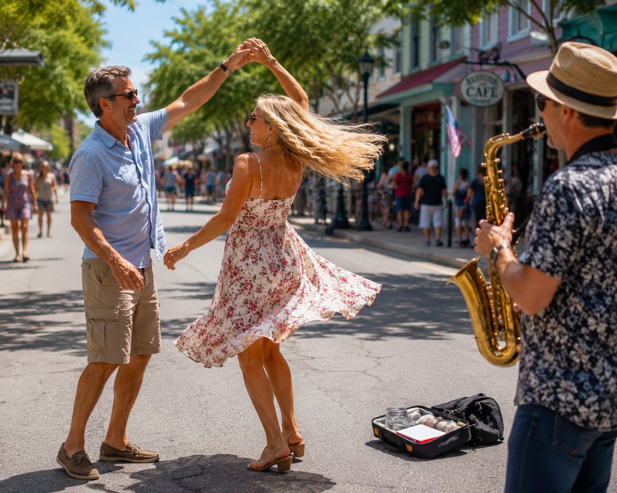 Couple dancing together on a lively street